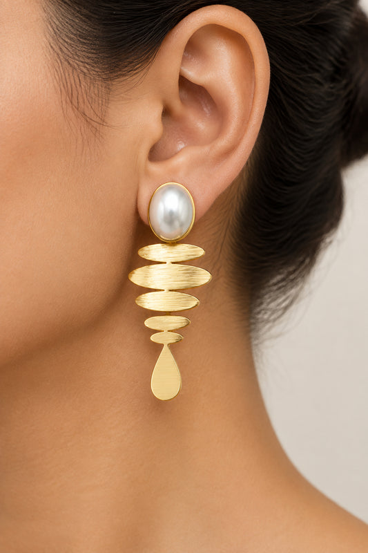 Pearl Stud Tiered Tier-Drop Brushed Gold Earrings