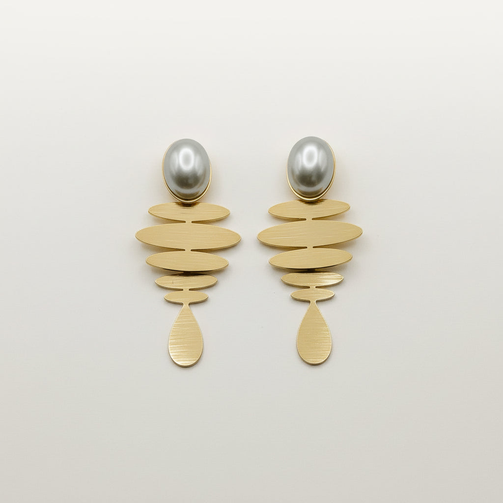Pearl Stud Tiered Tier-Drop Brushed Gold Earrings