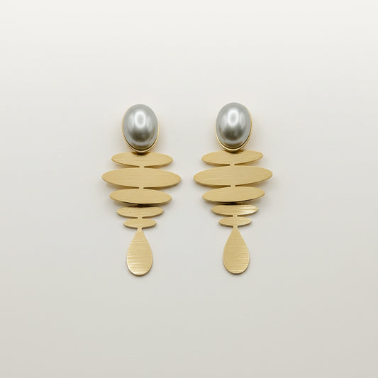 Pearl Stud Tiered Tier-Drop Brushed Gold Earrings